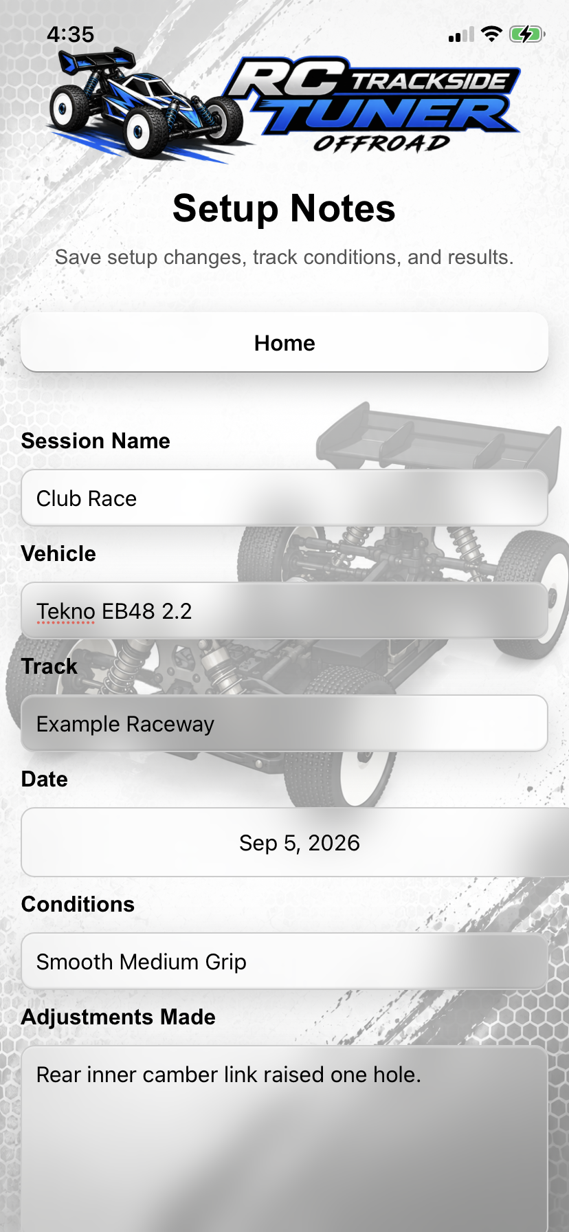 RC Trackside Tuner setup notes